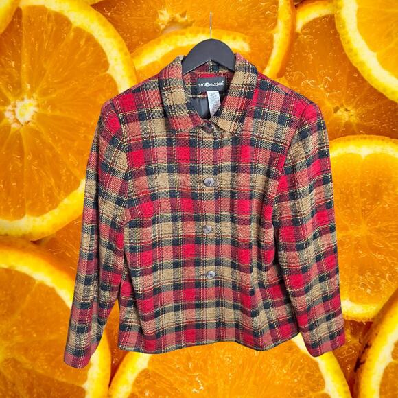 Sag Harbor Women’s Red & Tan Plaid Tweed Button Front Blazer Jacket Size 14 - Picture 2 of 7